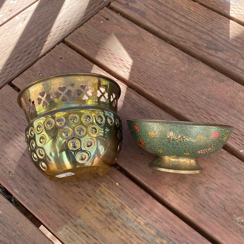[2] VINTAGE Brass Decor Pieces Planter Pot Etched Painted Bowl Indian Elephants